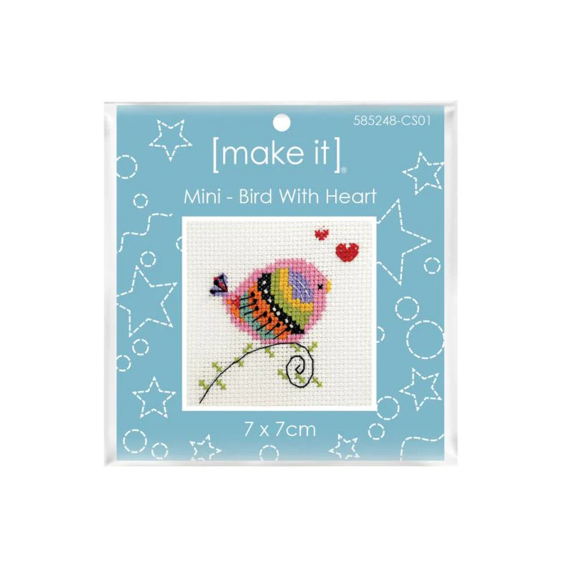 Make It BIRD WITH HEART Mini Cross Stitch Kit, 7cm x 7cm, 585248-CS01