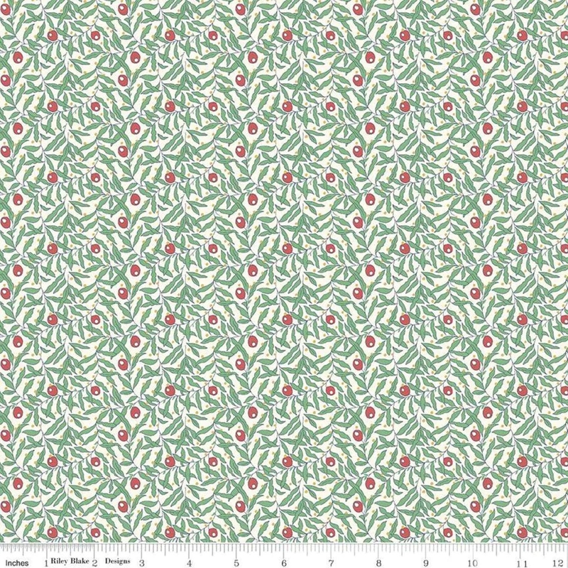 Liberty Merry & Bright HOLIDAY BERRIES MET GREEN 110cm Wide Cotton Fabric 5936A Per 25cm
