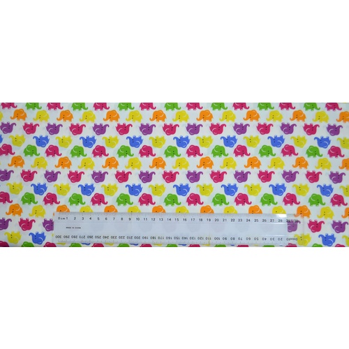 Cotton Fabric Per Metre, 110cm Wide, Elephants MULTI on WHITE 605.01