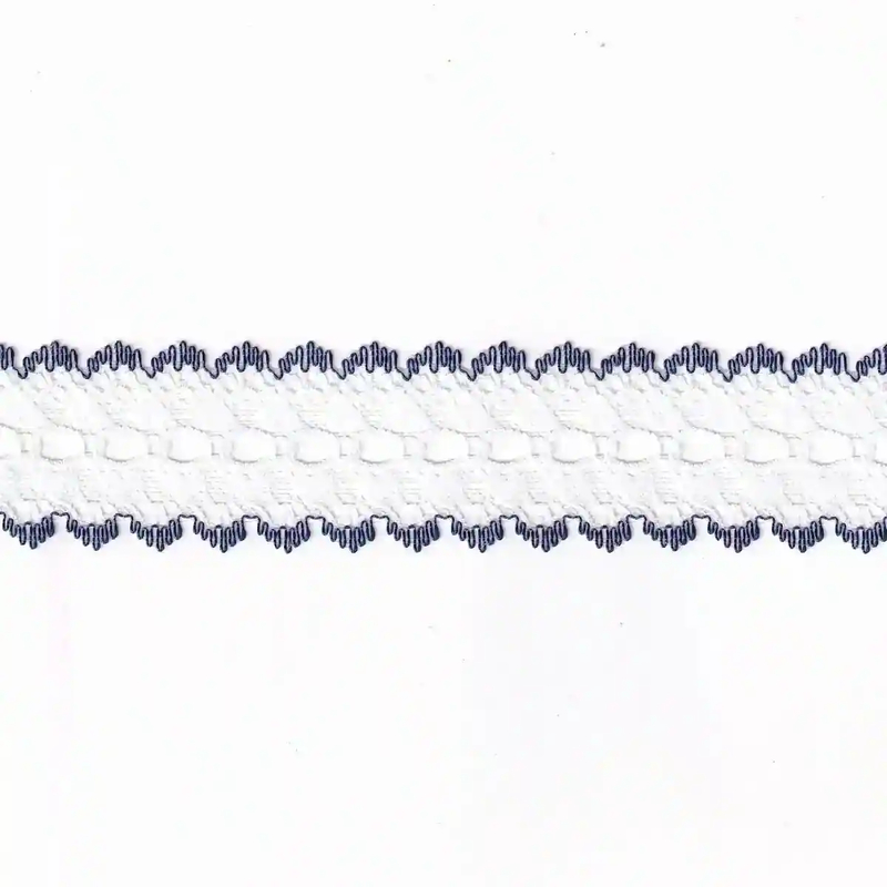 DARK BLUE Edged White 37mm Feather Edge Eyelet Lace, Sold by the metre