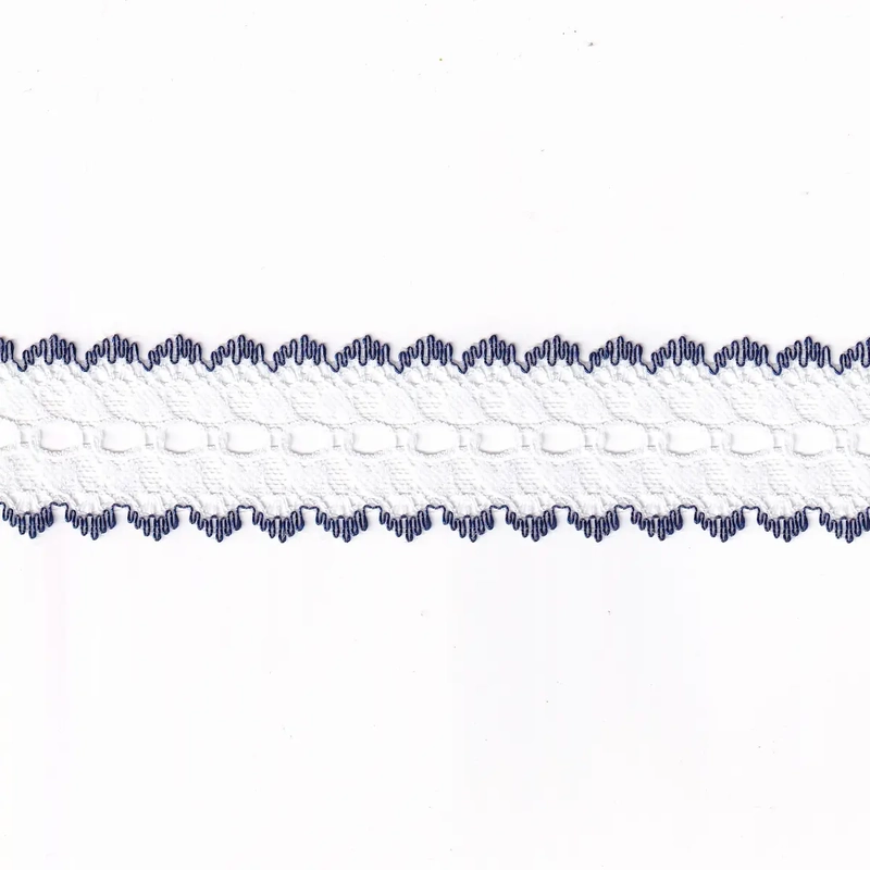 DARK BLUE Edged White 37mm Feather Edge Eyelet Lace, Sold by the metre