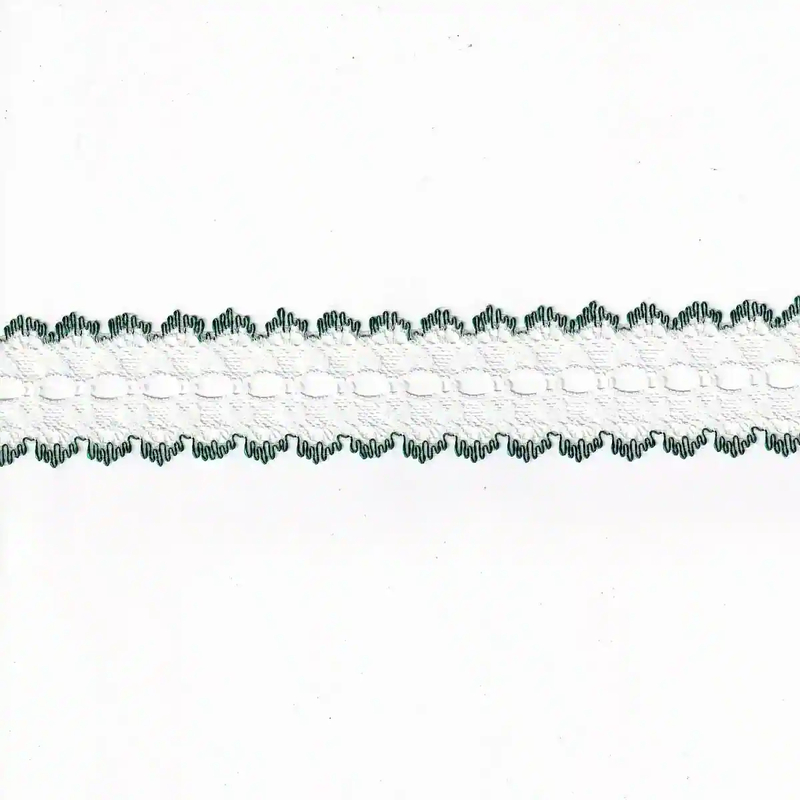 GREEN Edged White 37mm Feather Edge Eyelet Lace, Sold by the metre