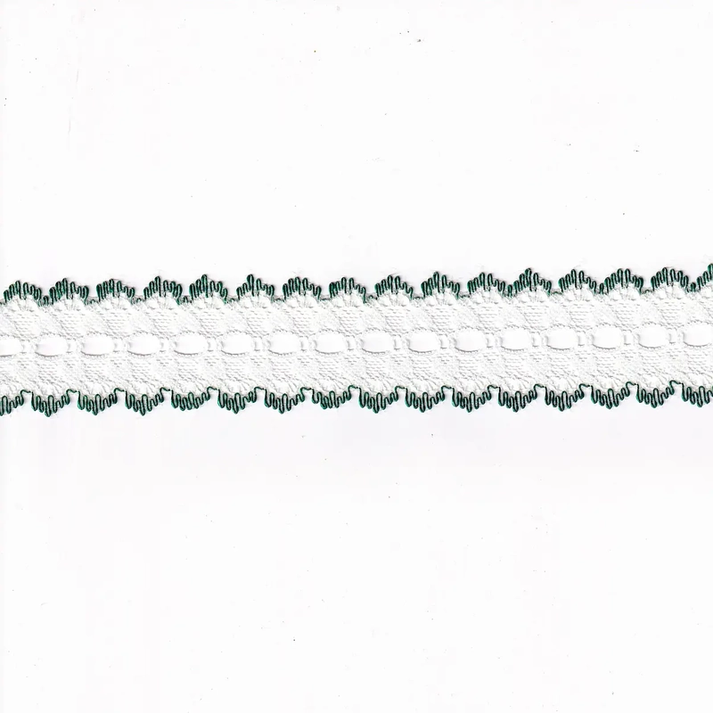 GREEN Edged White 37mm Feather Edge Eyelet Lace, Sold by the metre