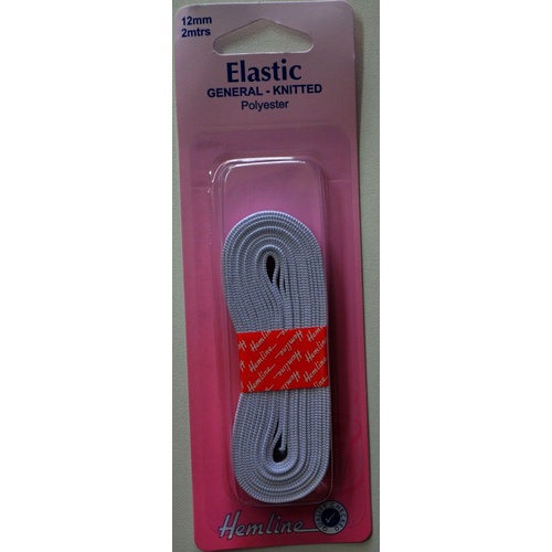 Hemline General Knitted Polyester Elastic, 12mm x 2 metres, WHITE