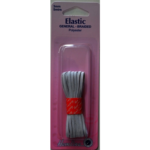 General Braided Polyester Elastic, 3mm x 5 metres, White - Hemline