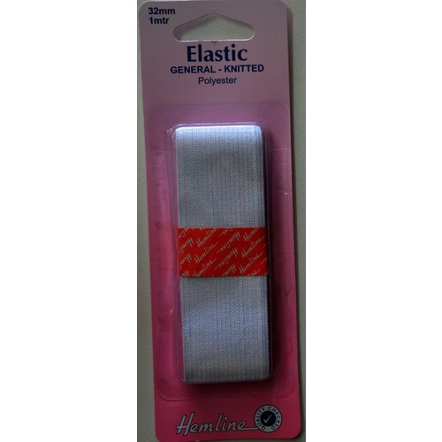 Hemline General Knitted Polyester Elastic, 32mm x 1 Metre, WHITE