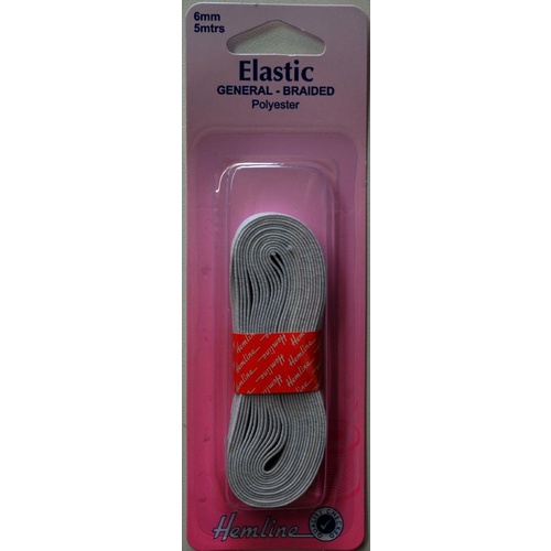 Hemline General Braided Polyester Elastic, 6mm x 5 metres, WHITE