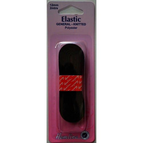 Hemline General Knitted Polyester Elastic, 12mm x 2 metres, BLACK