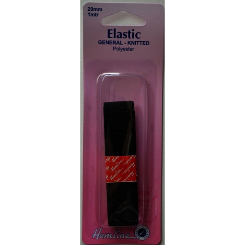 Hemline General Knitted Polyester Elastic, 20mm x 1 metres, Black