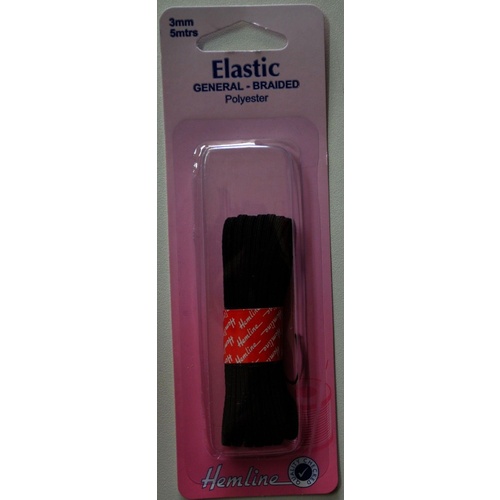 Hemline General Braided Polyester Elastic, 3mm x 5 metres, BLACK