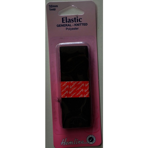 Hemline General Knitted Polyester Elastic, 32mm x 1 Metre, BLACK