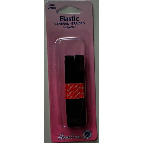 Hemline General Braided Polyester Elastic, 9mm x 2 metres, BLACK