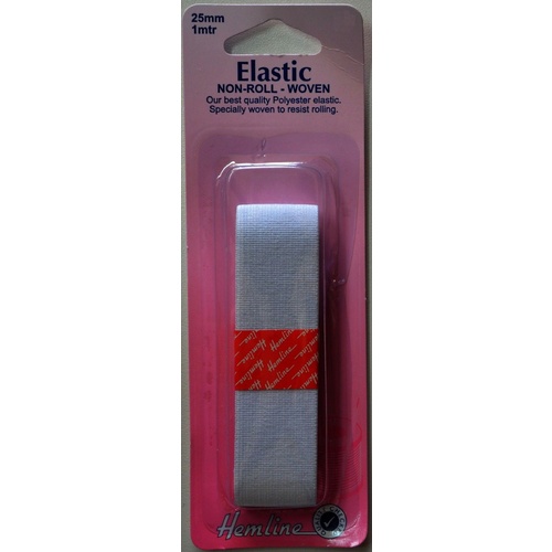 Non-Roll Woven Polyester Elastic, 25mm x 1 metre WHITE, By Hemline, Resists Rolling