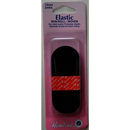Hemline Non-Roll Woven Polyester Elastic, 12mm x 2 metres Black, Resists Rolling