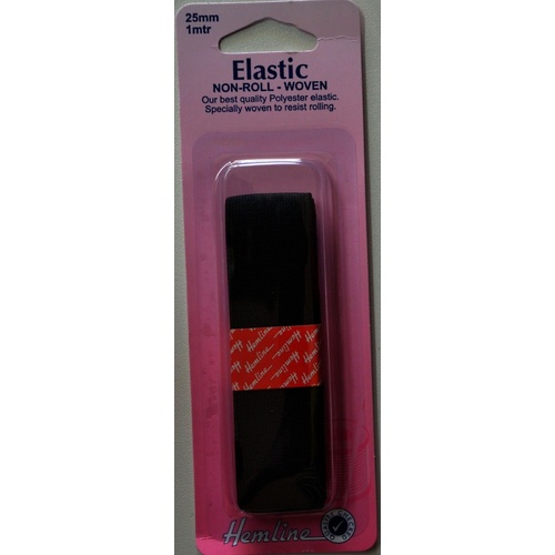 Non-Roll Woven Polyester Elastic, 25mm x 1 metre BLACK, by Hemline, Resists Rolling