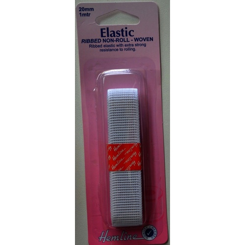 Ribbed Non-Roll Elastic, Woven, 20mm x 1 Metres, WHITE, By Hemline