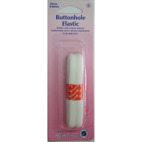 Hemline Buttonhole Elastic 15mm, 0.9mtrs, Allows For Waistband Adjustment