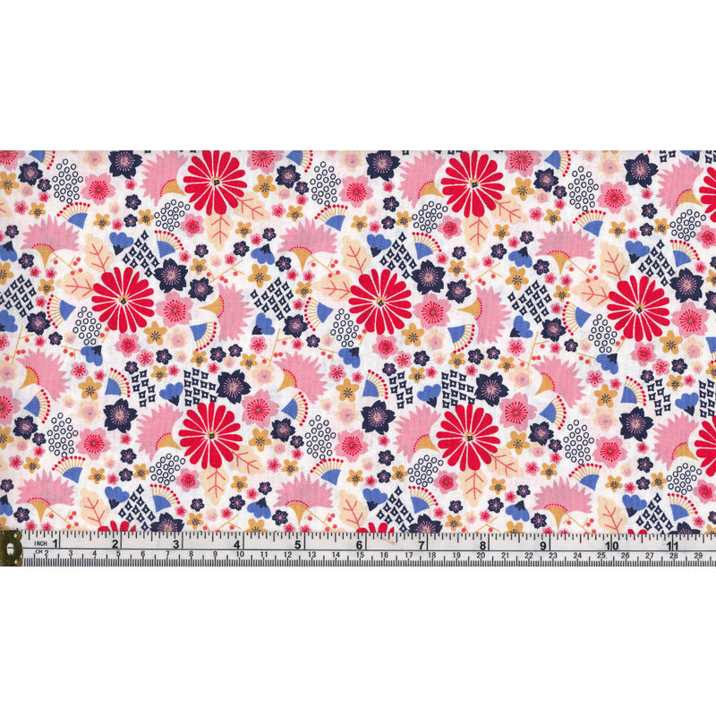 100% Cotton Fabric, 110cm Wide, Japanese Floral, PINK FLORAL MULTI, Per Metre