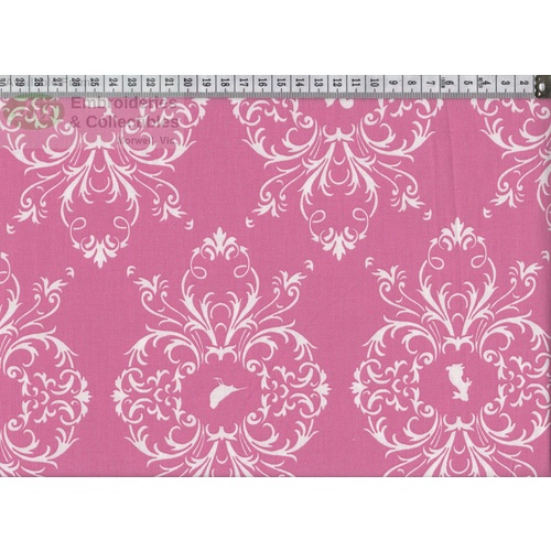 French Cottage Cotton Fabric #0733, 145cm Wide WHITE on PINK by Gutermann
