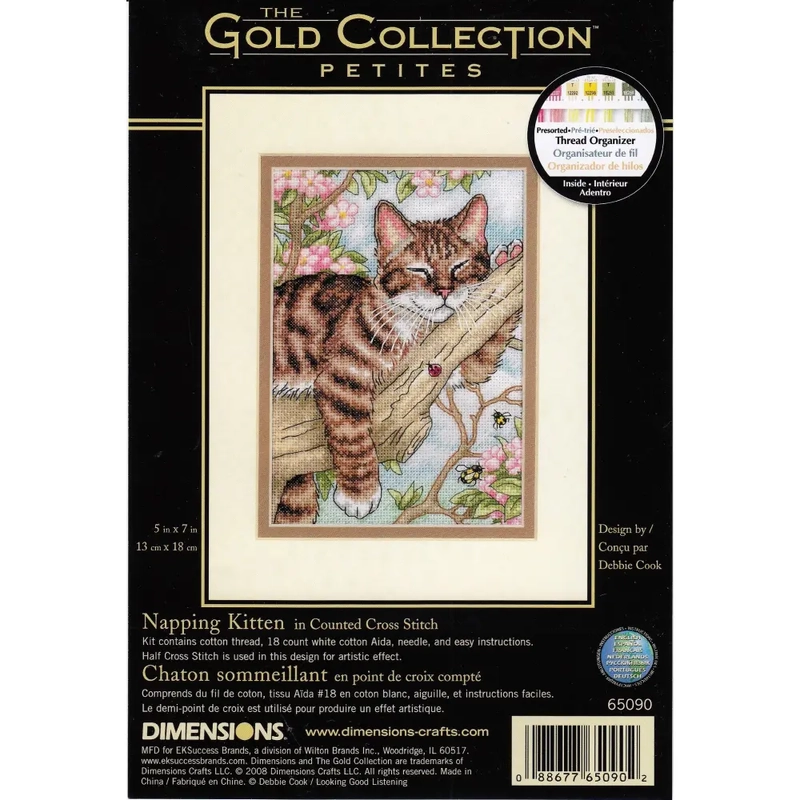 NAPPING KITTEN Counted Cross Stitch Kit 13 x 18cm, 65090 Dimensions - Gold Collection Petites