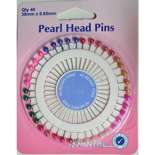 Hemline Pearl Head Pins 38 x 0.65mm, 40pcs Coloured Heads on Pin Wheel