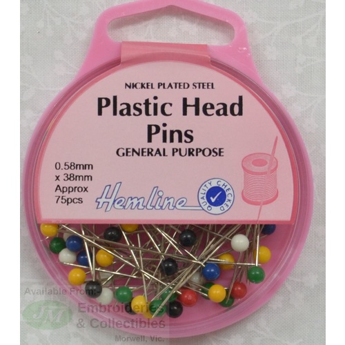 Hemline Plastic Head Long Pins 38 x 0.65mm, 75 Pins, Strong & Flexible
