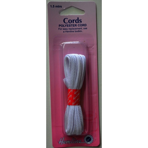 Hemline Cords, Polyester Cord, Drawstring Cord, 6mm x 1.5 metres, White