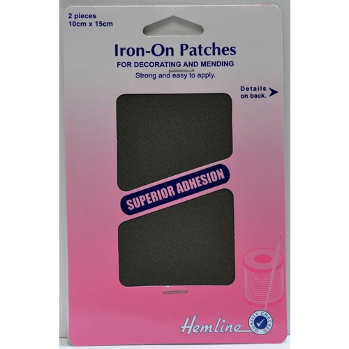 Hemline Iron-On Polycotton Twill Patches, 2 piece 10cm x 15cm DARK GREY
