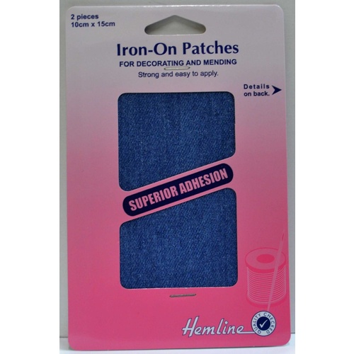 Hemline Iron-On Denim Patches, 2 piece 10cm x 15cm LIGHT DENIM