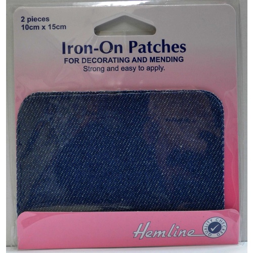 Hemline Iron-On Denim Patches, 2 piece 10cm x 15cm MEDIUM DENIM