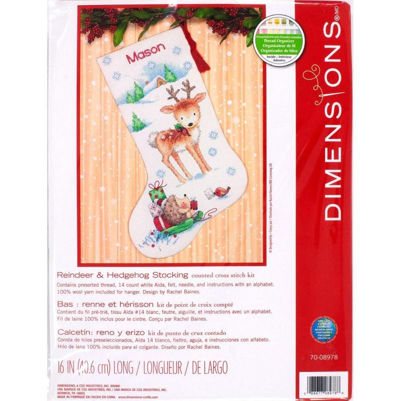 REINDEER & HEDGEHOG Christmas Stocking Counted Cross Stitch Kit, 40.6cm Long, 70-08978
