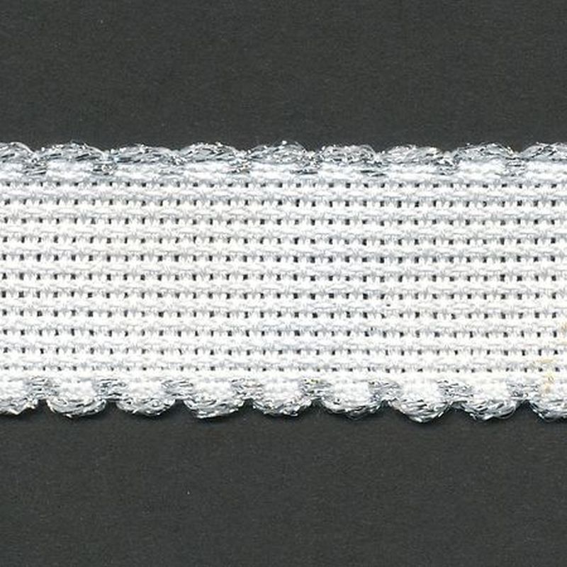 WHITE METALLIC SILVER EDGE 25mm Wide 14 Count Aida Band (7002-171), Priced per Metre