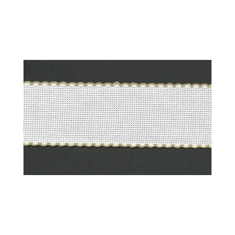 WHITE METALLIC GOLD EDGE 30mm Wide 14 Count Aida Band (7003-181), Priced per Metre