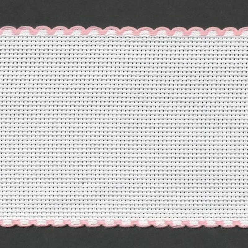 WHITE PINK EDGED 80mm Wide 14 Count Aida Band (7008-14), Priced per Metre