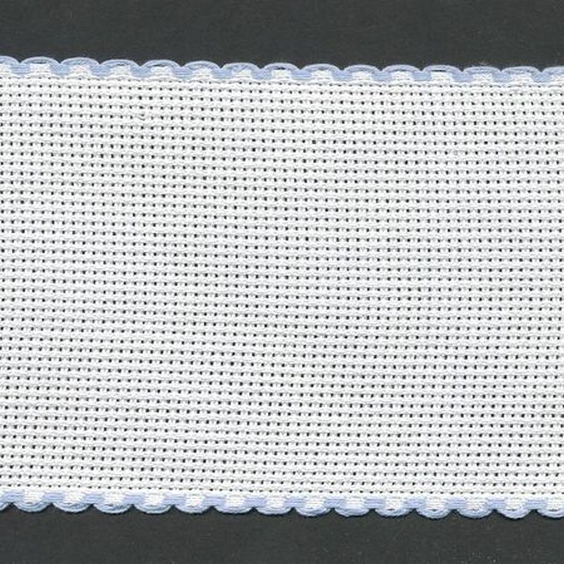 WHITE BABY BLUE EDGED 80mm Wide 14 Count Aida Band (7008-151), Priced per Metre