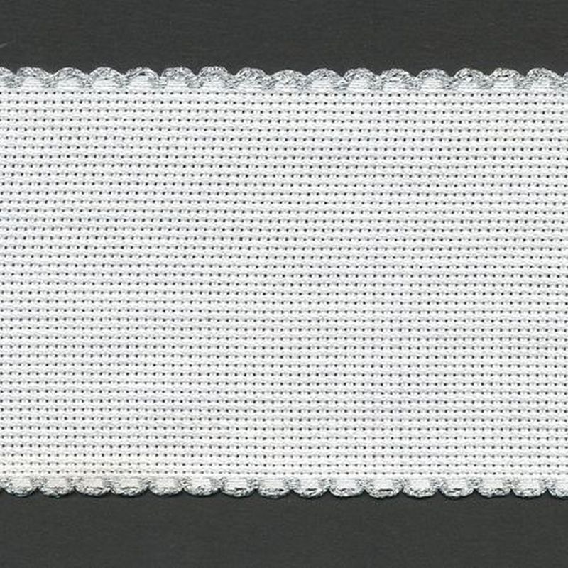 WHITE METALLIC SILVER EDGED 80mm Wide 14 Count Aida Band (7008-171), Priced per Metre