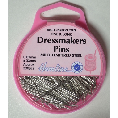 Hemline Dressmakers Long Pins 33mm x 0.61mm, Approx 330 Pins, High Carbon Steel
