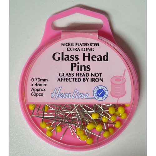Hemline Glass Head X Long Pins 45mm x 0.70mm Approx 60 Pins, Nickle Plated Steel