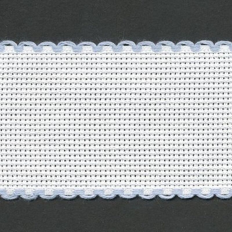 WHITE BABY BLUE EDGED 50mm Wide 14 Count Aida Band (7107-151), Priced per Metre