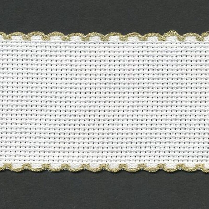 WHITE METALLIC GOLD EDGED 50mm Wide 14 Count Aida Band (7107-181), Priced per Metre