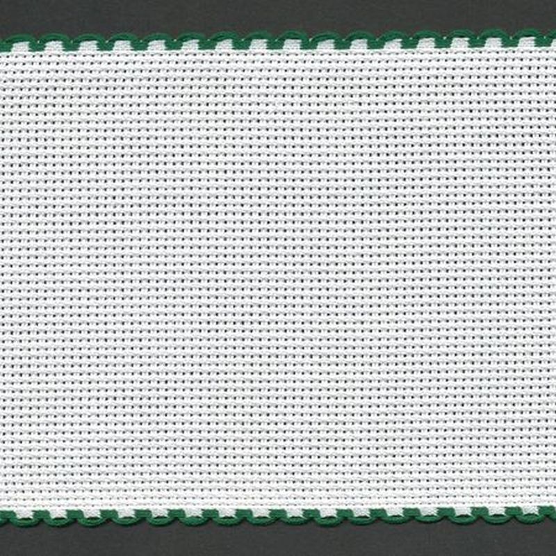 White Green Edged 100mm Wide 14 Count Aida Band (7195-166), Priced per Metre
