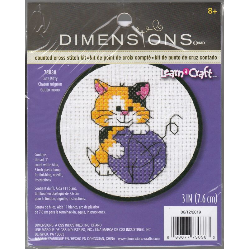 Dimensions Counted Cross Stitch Kit CUTE KITTY, 3", Learn a Craft