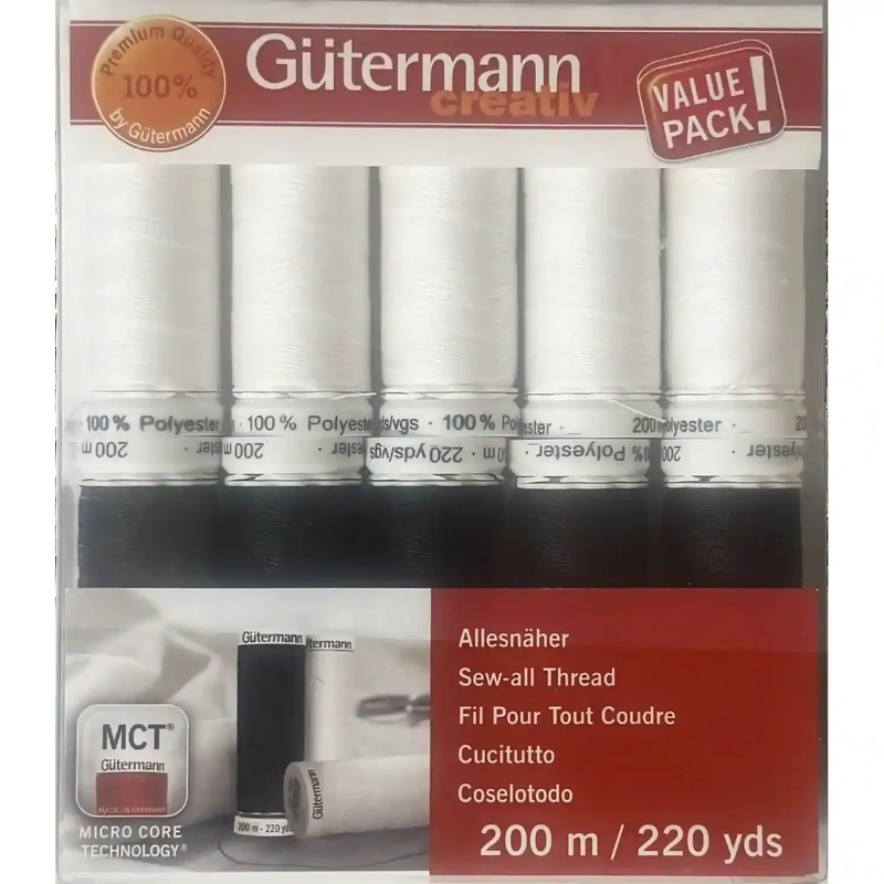 GUTERMANN, Sew All Thread 7 x 100m Spool Pack,  3 x Black & 4 x White