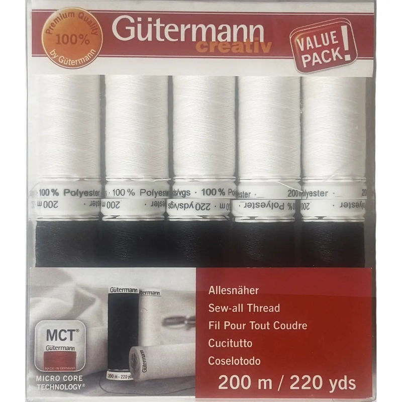 GUTERMANN, Sew All Thread 10 x 200m Spool Pack, 5 x Black & 5 x White