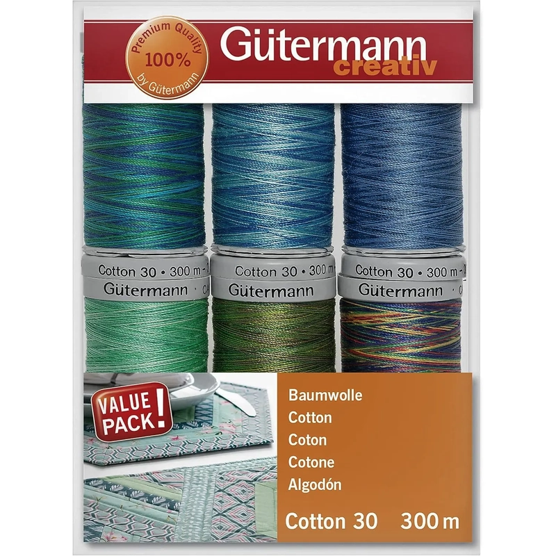 Gutermann Cotton No.30 (300m) Variegated Sewing Thread Set 3 (6 Spools)