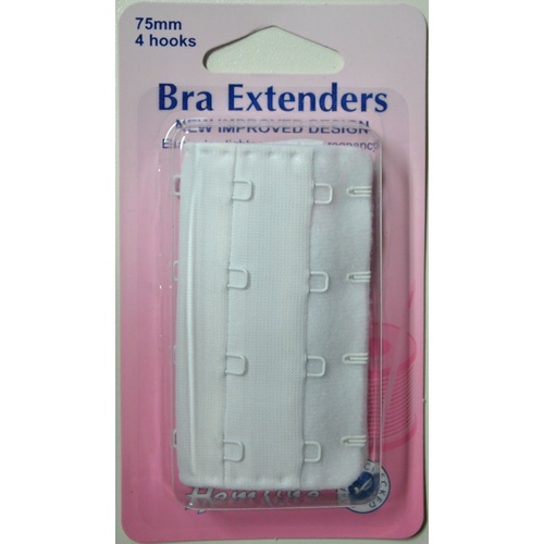 Hemline Bra Extenders 75mm, 4 Hooks, WHITE, New Improved Design, Hemline Quality