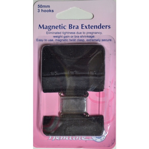 Hemline Magnetic Bra Extenders, 50mm 3 Hooks, Secure Magnetic Twist Clasp, BLACK