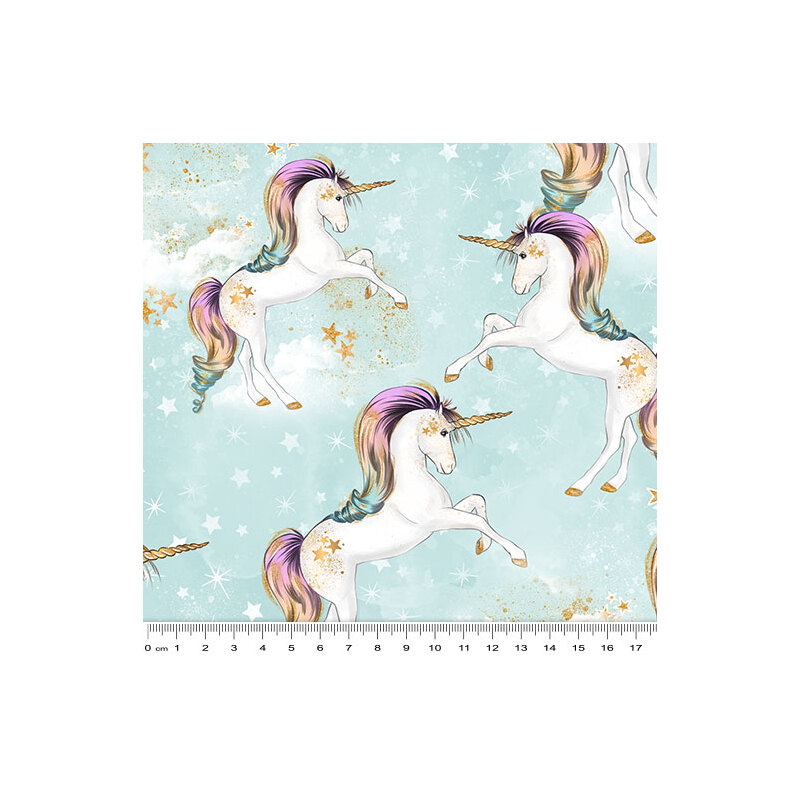Rainbow Unicorns Celestial Clouds BLUE, 112cm Wide Cotton Fabric