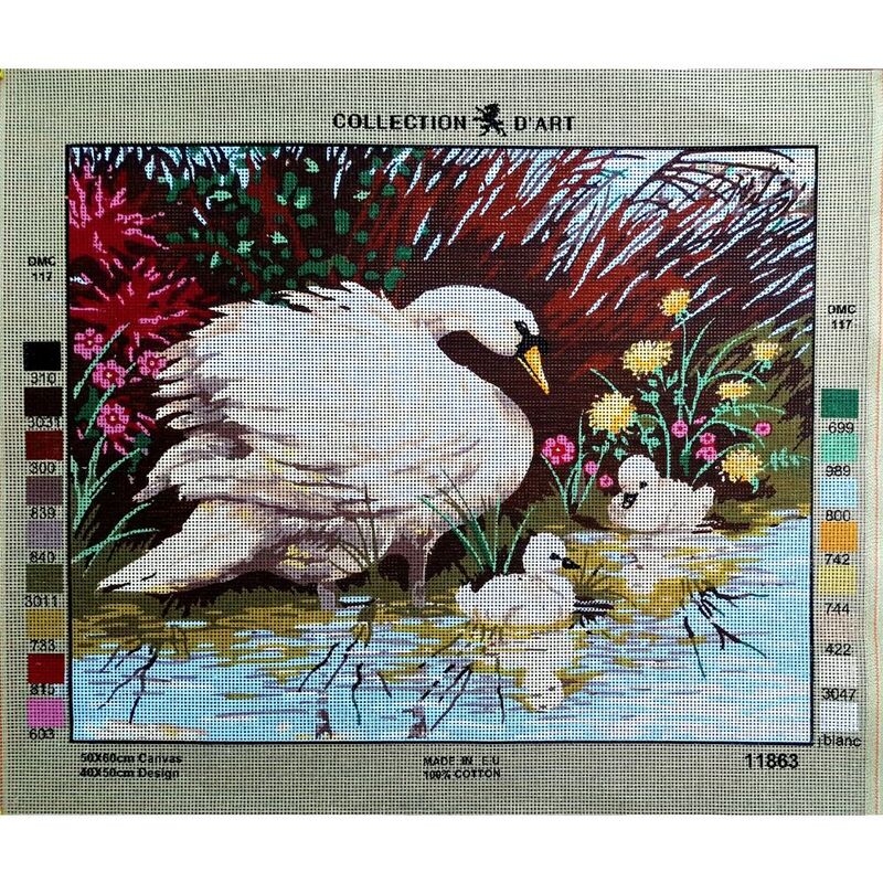 MOTHER SWAN & CYGNETS Tapestry Design Printed On Canvas #11863