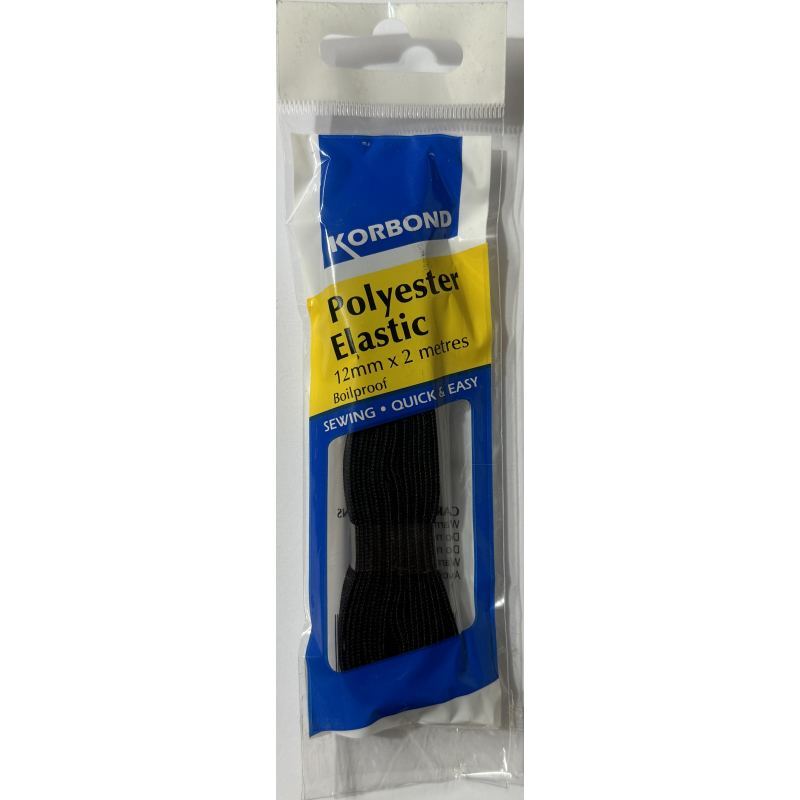 Korbond Black Polyester Elastic 12mm x 2m Boilproof, Quick & Easy Sewing